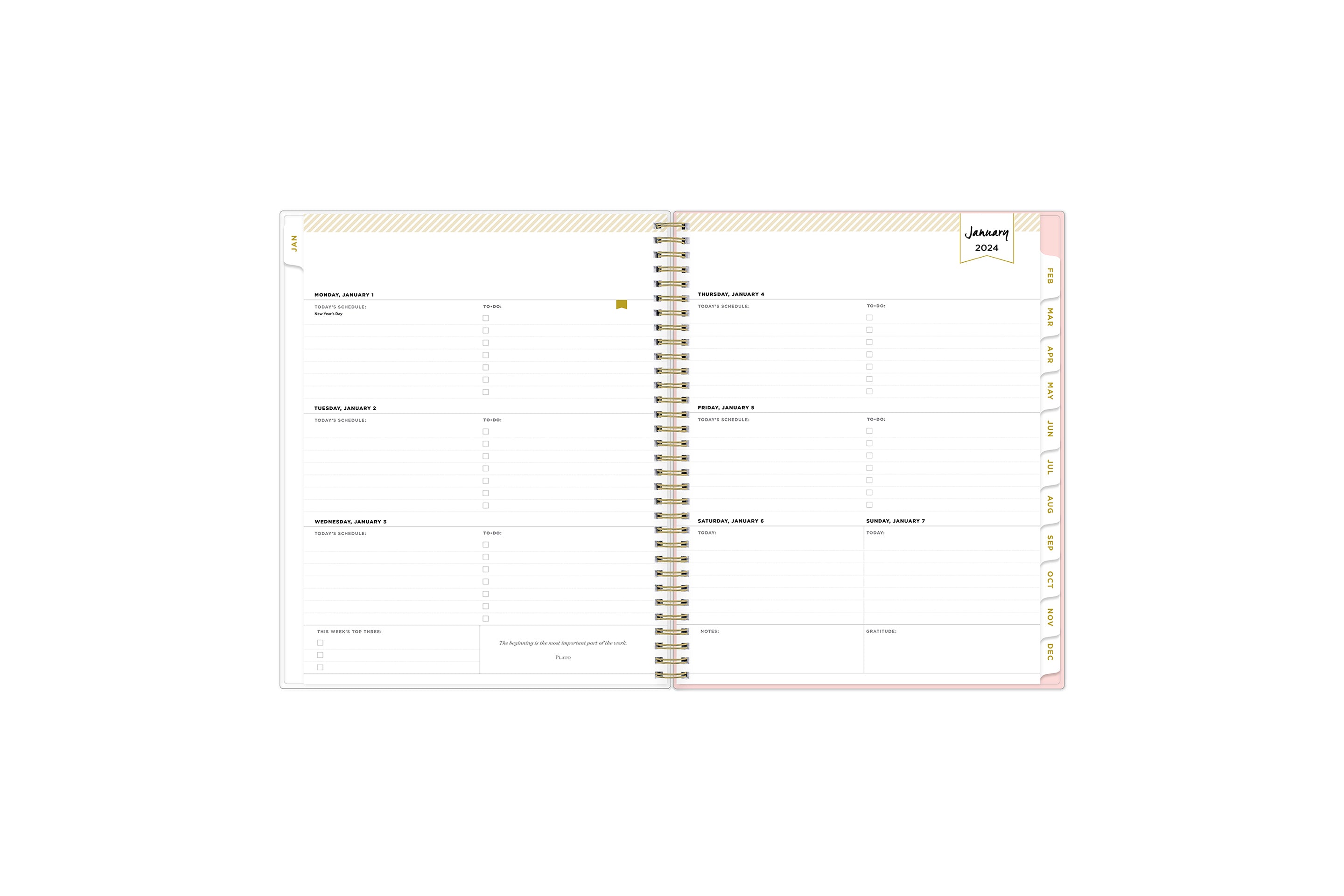 January 2024 - December 2024 weekly monthly planner featuring a weekly spread with lined writing space, notes section, reference calendars, and light blue monthly tabs in 8.5x11 size