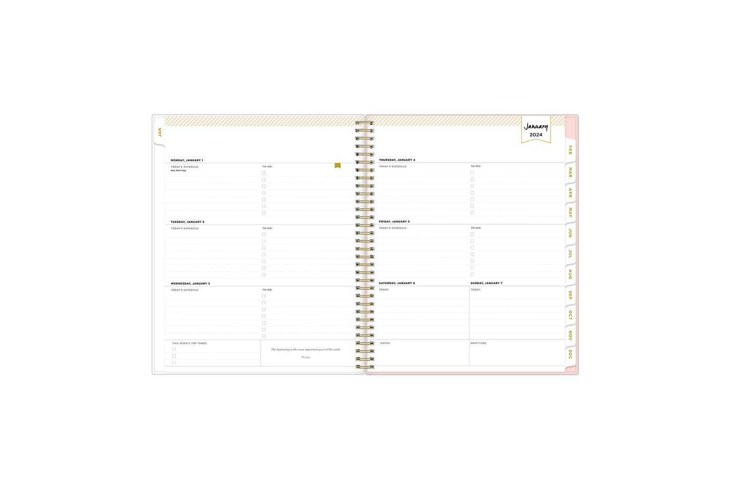 January 2024 - December 2024 weekly monthly planner featuring a weekly spread with lined writing space, notes section, reference calendars, and light blue monthly tabs in 8.5x11 size