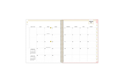 January 2024 - December 2024 weekly monthly planner featuring a monthly spread boxes for each day, lined writing space, notes section, reference calendars, and light blue monthly tabs in 8.5x11 size
