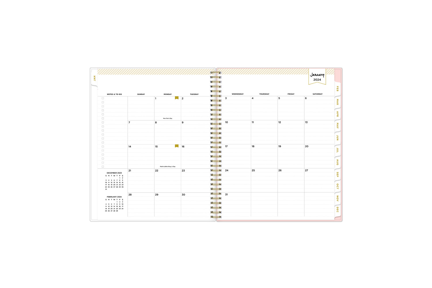 January 2024 - December 2024 weekly monthly planner featuring a monthly spread boxes for each day, lined writing space, notes section, reference calendars, and light blue monthly tabs in 8.5x11 size