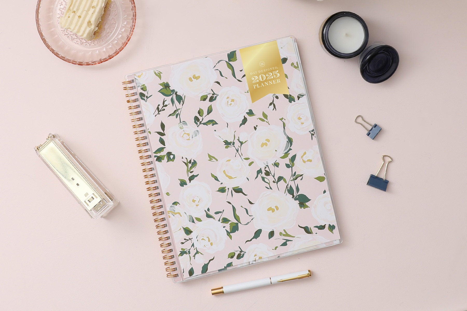 2025 weekly planner in 8.5x11 size with white florals and blush background