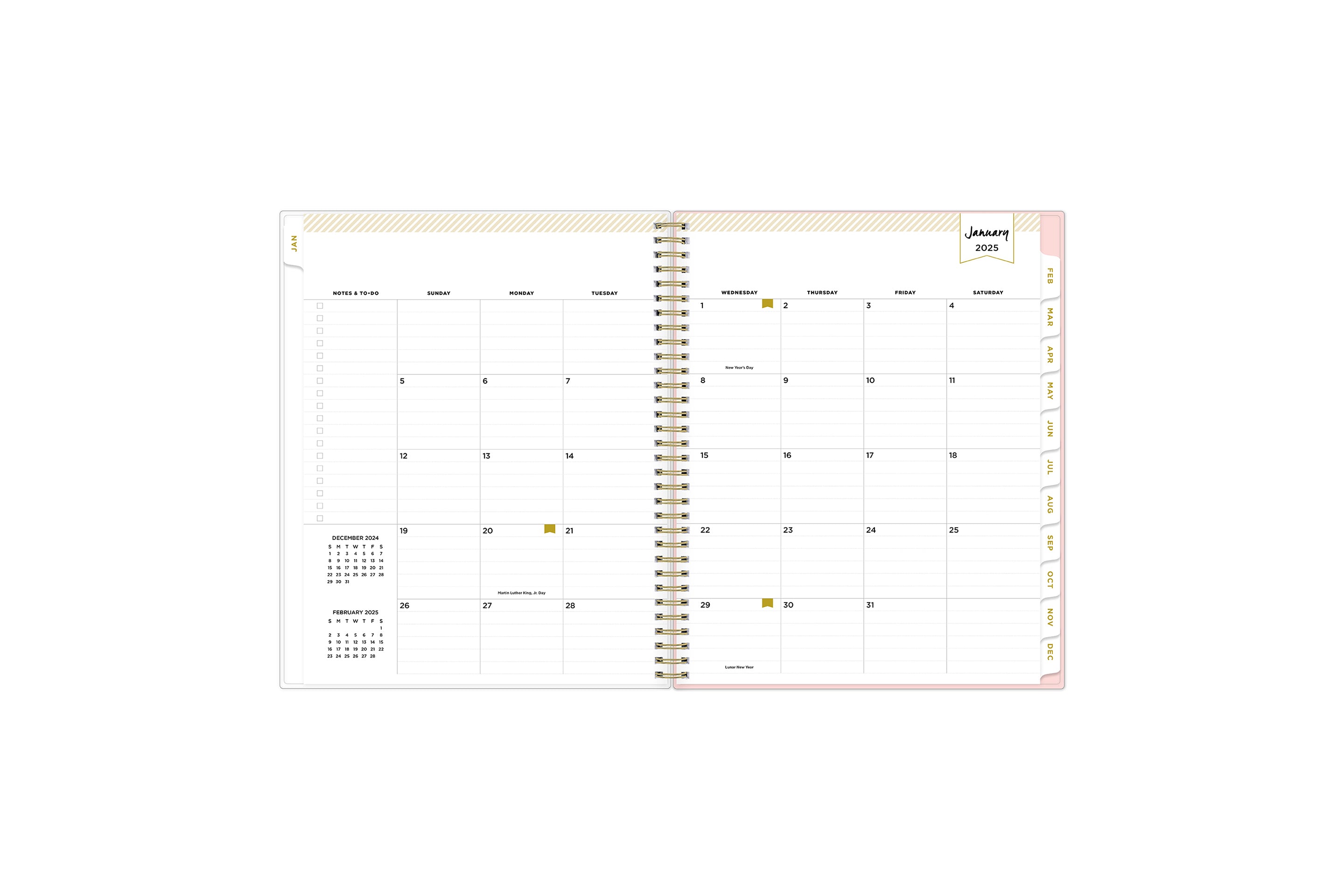 monthly spread january 2025 featuring lined writing space, to do lists