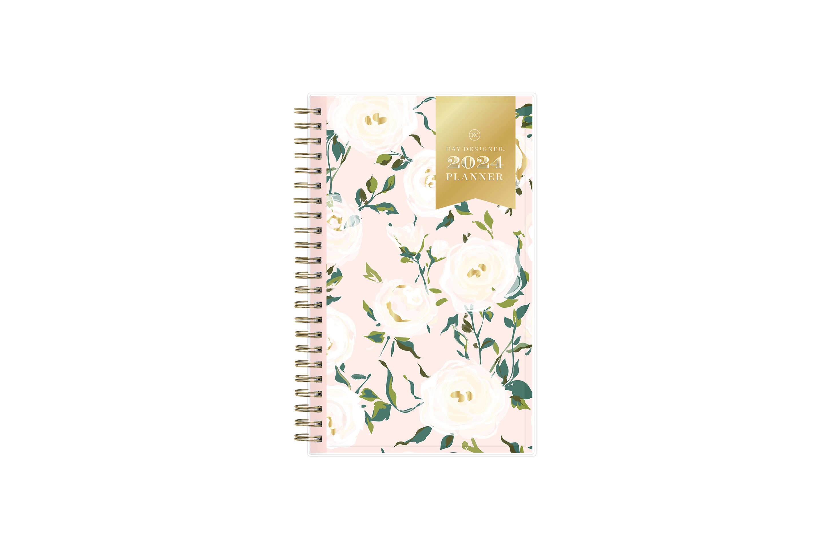beautiful white, cream, and beige roses with soft green pedals and light pink background make this 2024 weekly monthly planner stand out 5x8