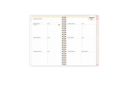 January 2024 - December 2024 weekly monthly planner featuring a weekly spread with lined writing space, notes section, reference calendars, and light pink monthly tabs in 5x8 size