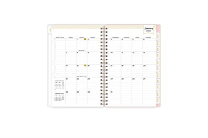 January 2024 - December 2024 weekly monthly planner featuring a monthly spread boxes for each day, lined writing space, notes section, reference calendars, and light light pink monthly tabs in 5x8 size