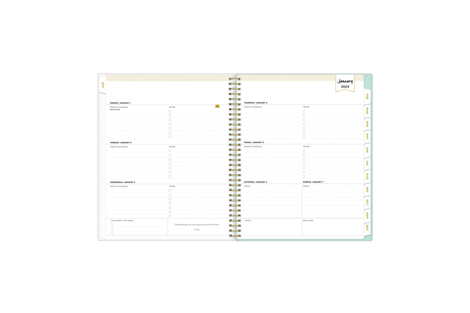 January 2024 - December 2024 weekly monthly planner featuring a weekly spread boxes for each day, lined writing space, notes section, reference calendars, and white monthly tabs in 8.5x11 size