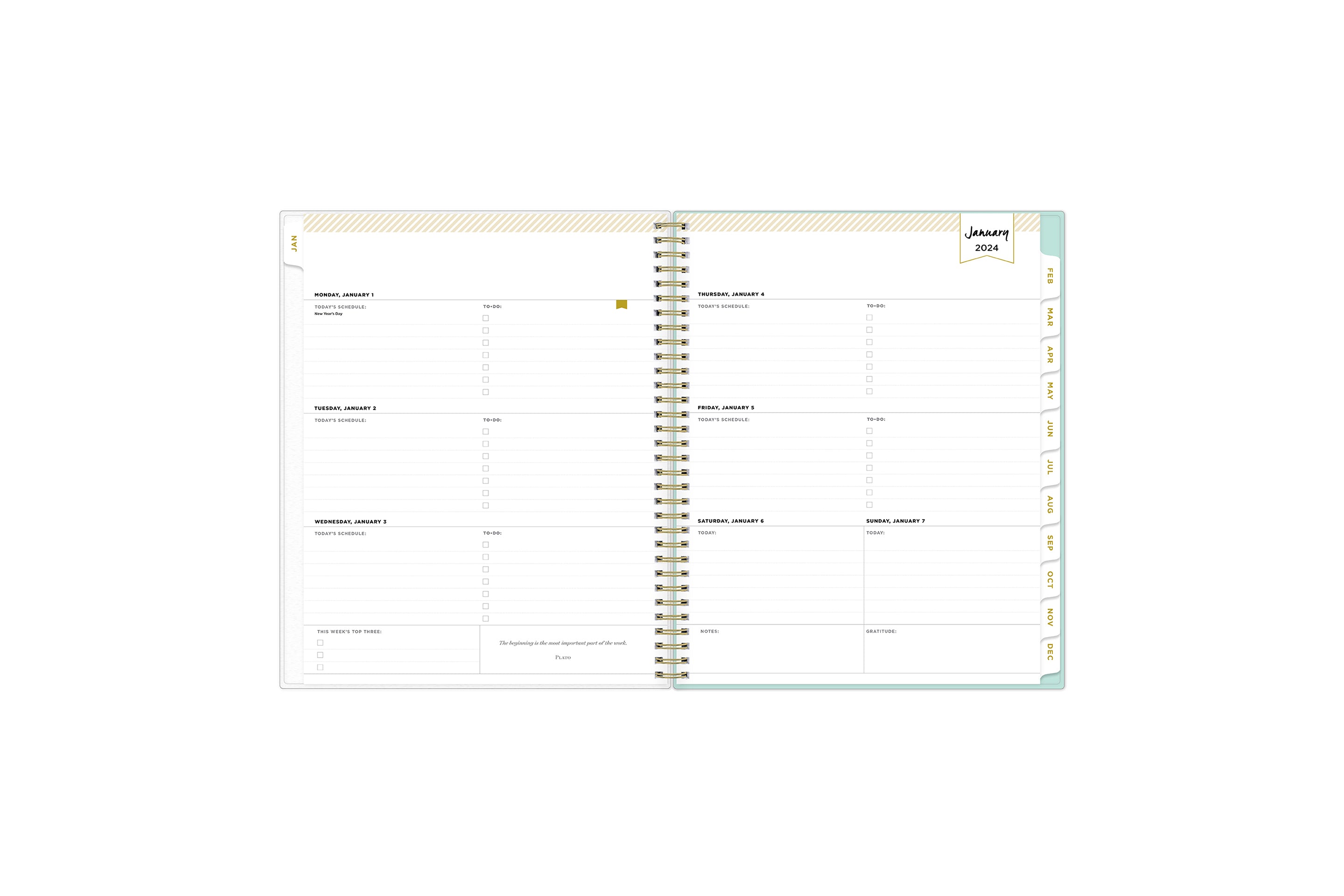 January 2024 - December 2024 weekly monthly planner featuring a weekly spread boxes for each day, lined writing space, notes section, reference calendars, and white monthly tabs in 8.5x11 size