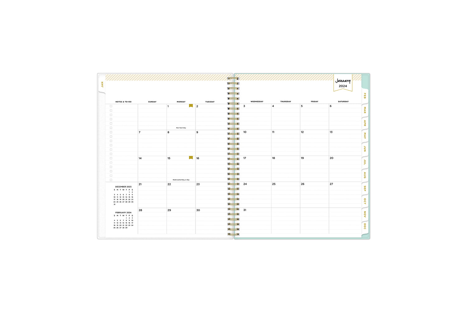 January 2024 - December 2024 weekly monthly planner featuring a monthly spread boxes for each day, lined writing space, notes section, reference calendars, and white monthly tabs in 8.5x11 size