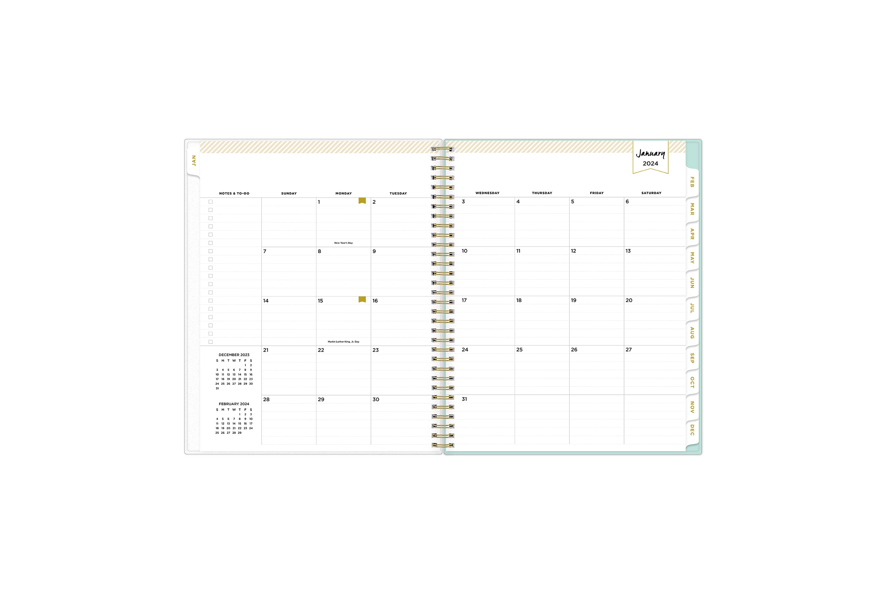 January 2024 - December 2024 weekly monthly planner featuring a monthly spread boxes for each day, lined writing space, notes section, reference calendars, and white monthly tabs in 8.5x11 size