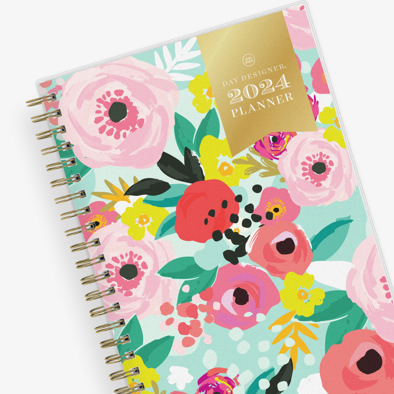 This 2024 monthly planner features a cute and fun floral pattern with gold twin wire-o binding