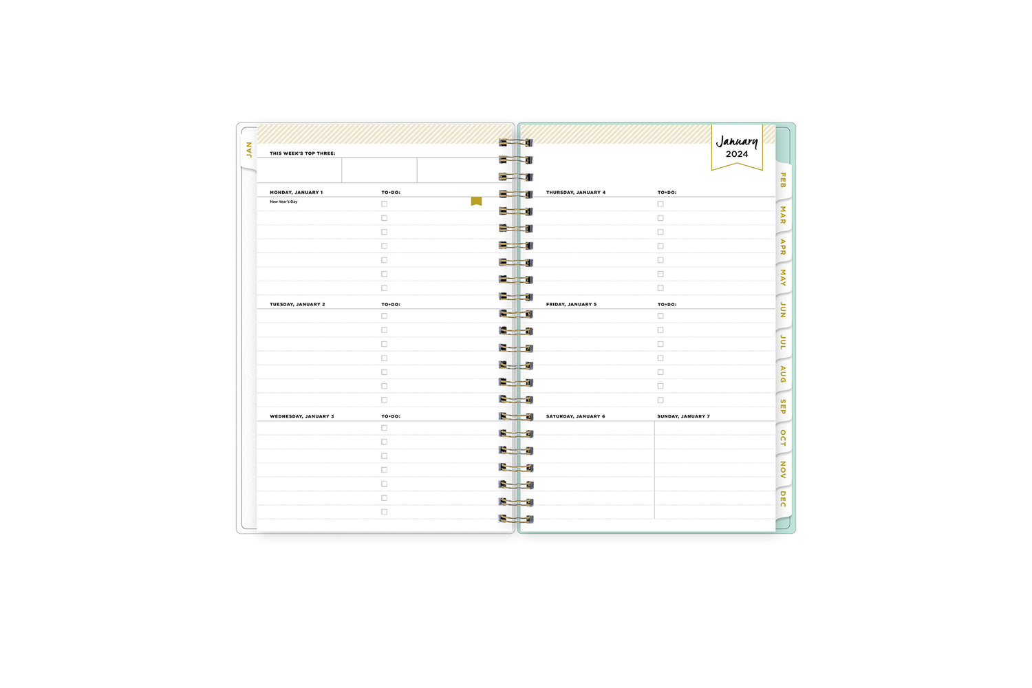 January 2024 - December 2024 weekly monthly planner featuring a weekly spread with lined writing space, notes section, reference calendars, and light blue monthly tabs in 5x8 size