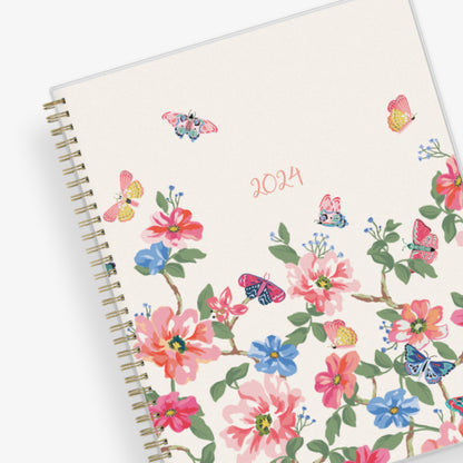 2024 blue sky floral cover and grey background weekly monthly planner in 8.5x11 planner size