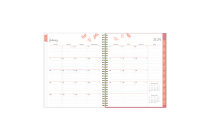January 2024 - December 2024 weekly monthly planner featuring a monthly spread boxes for each day, lined writing space, notes section, reference calendars, and pink monthly tabs with white text in 8.5x11 size