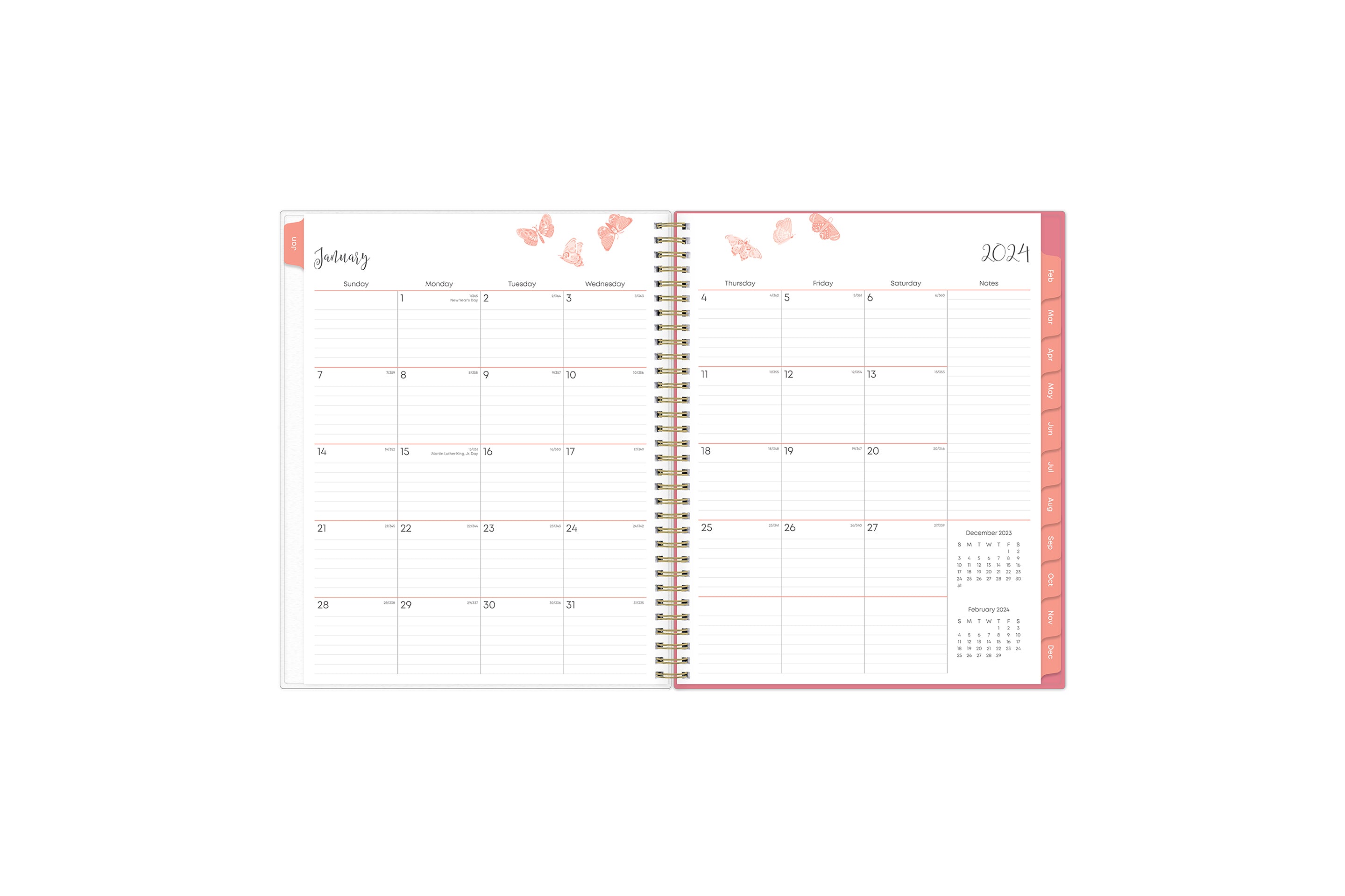 January 2024 - December 2024 weekly monthly planner featuring a monthly spread boxes for each day, lined writing space, notes section, reference calendars, and pink monthly tabs with white text in 8.5x11 size