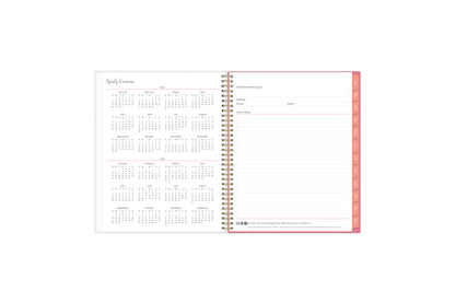 8.5x11 2024 weekly monthly planner features a yearly overview of 2023 and 2023 with contact page for owner of planner and bulleted yearly goals and accomplishments with pink monthly tabs and white text