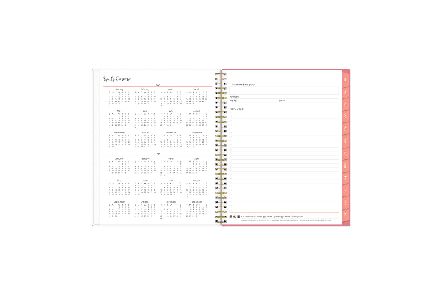 8.5x11 2024 weekly monthly planner features a yearly overview of 2023 and 2023 with contact page for owner of planner and bulleted yearly goals and accomplishments with pink monthly tabs and white text