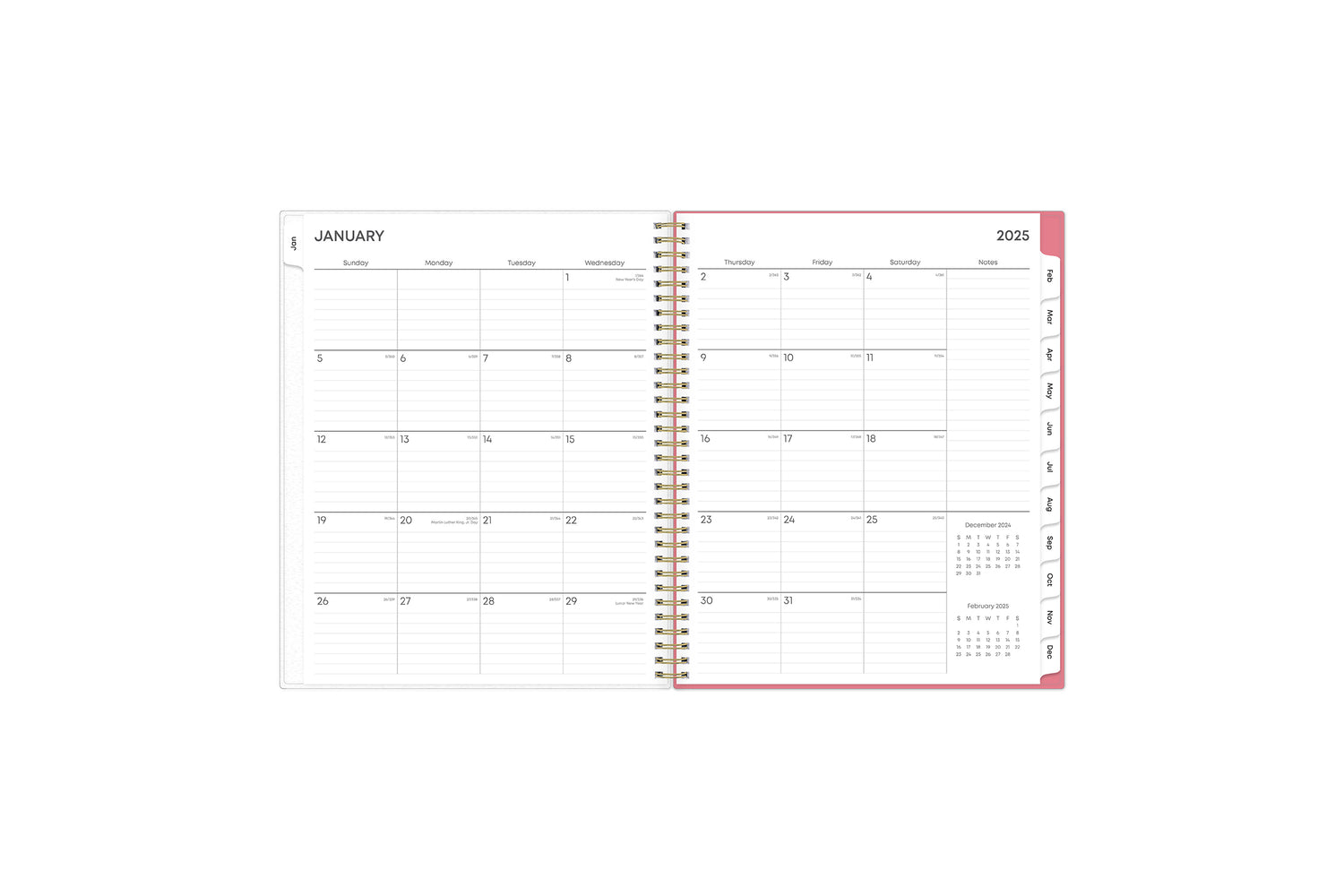 January 2025 - December 2025 weekly monthly planner featuring a monthly spread boxes for each day, lined writing space, notes section, reference calendars, and pink monthly tabs with white text in 8.5x11 size