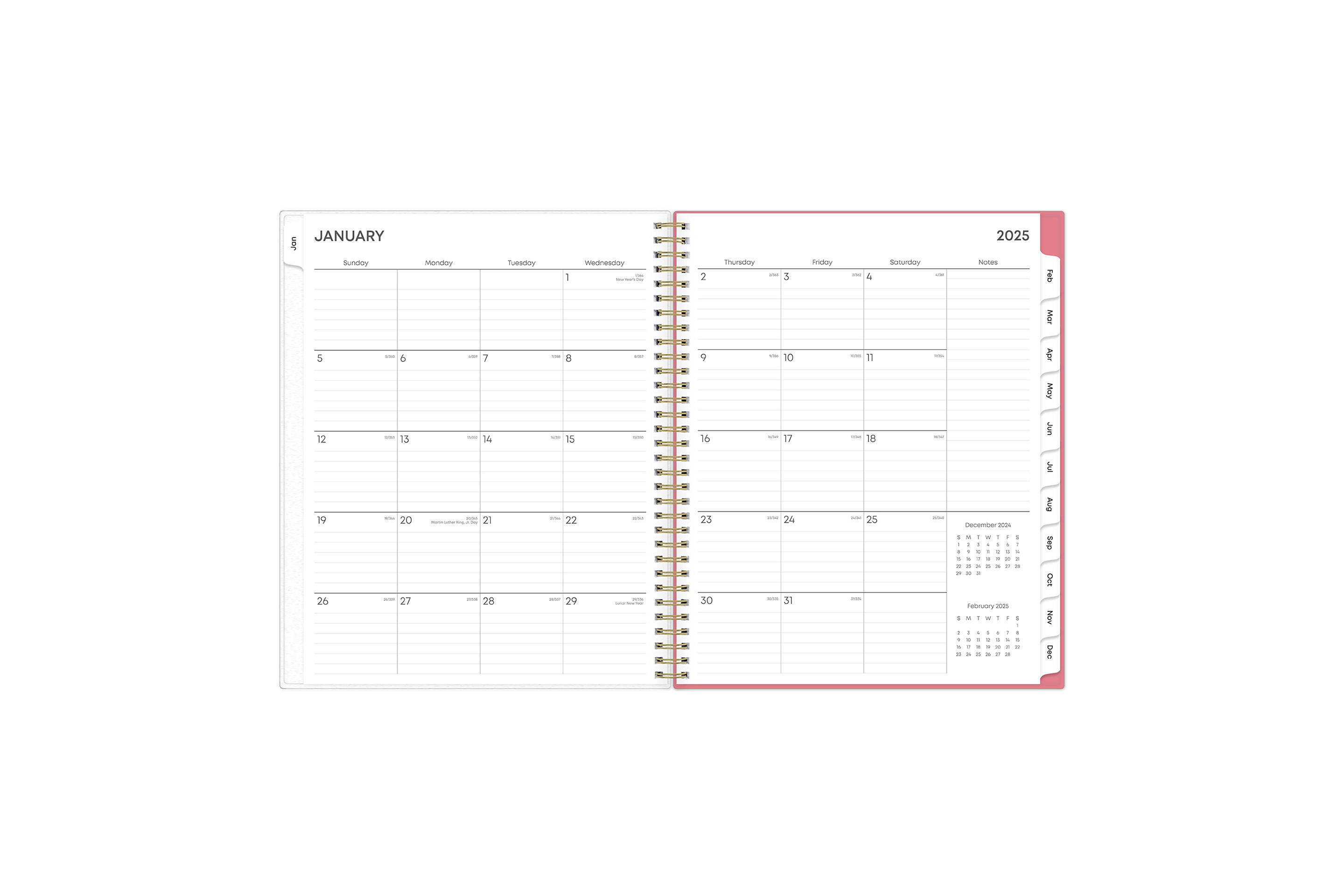 January 2025 - December 2025 weekly monthly planner featuring a monthly spread boxes for each day, lined writing space, notes section, reference calendars, and pink monthly tabs with white text in 8.5x11 size
