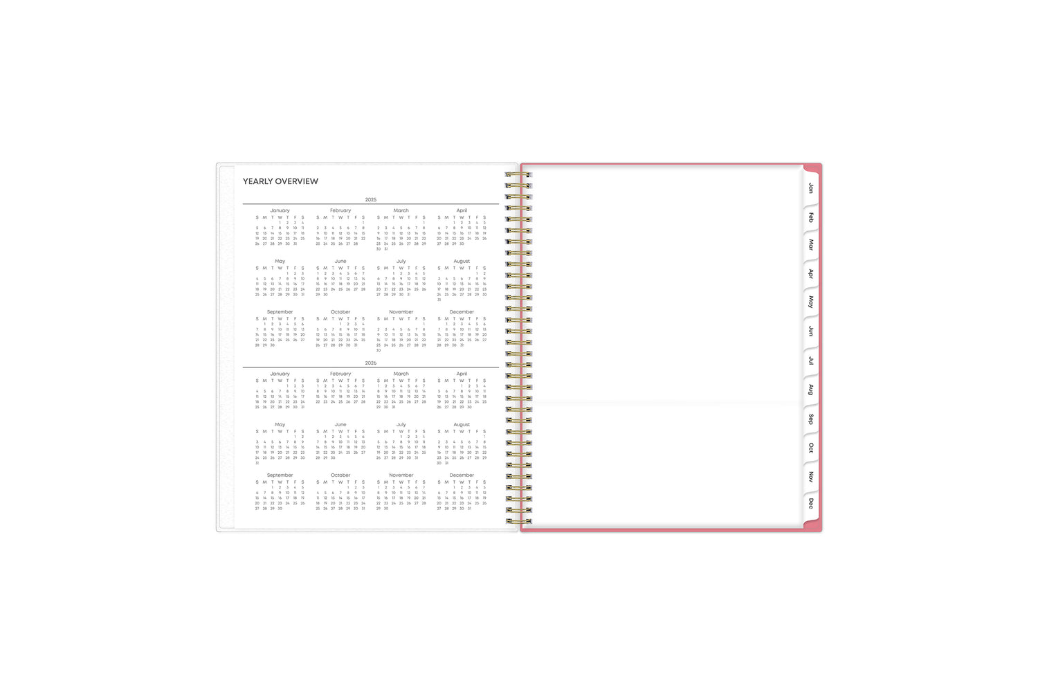 8.5x11 2025 weekly monthly planner features a yearly overview of 2025 and 2026 with contact page for owner of planner and bulleted yearly goals and accomplishments with pink monthly tabs and white text