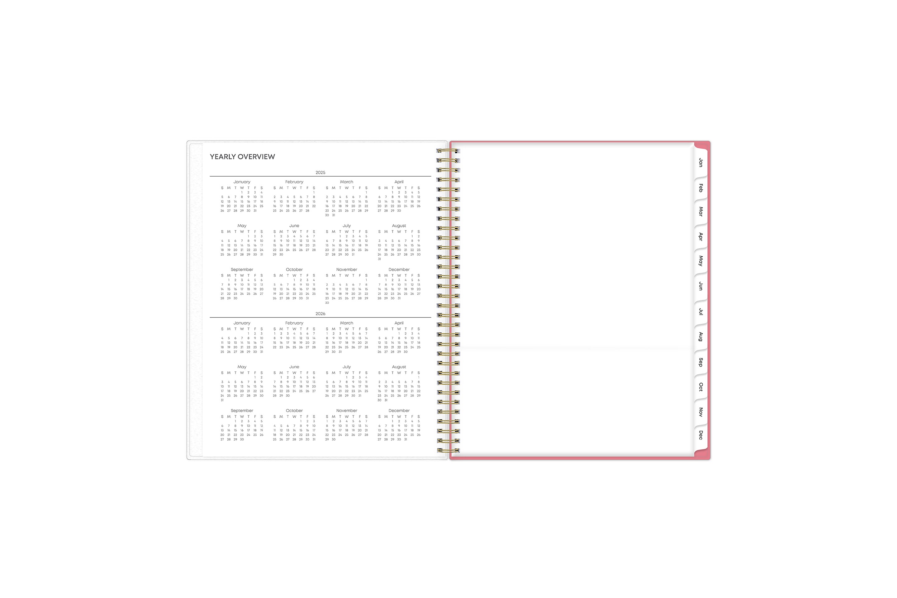 8.5x11 2025 weekly monthly planner features a yearly overview of 2025 and 2026 with contact page for owner of planner and bulleted yearly goals and accomplishments with pink monthly tabs and white text