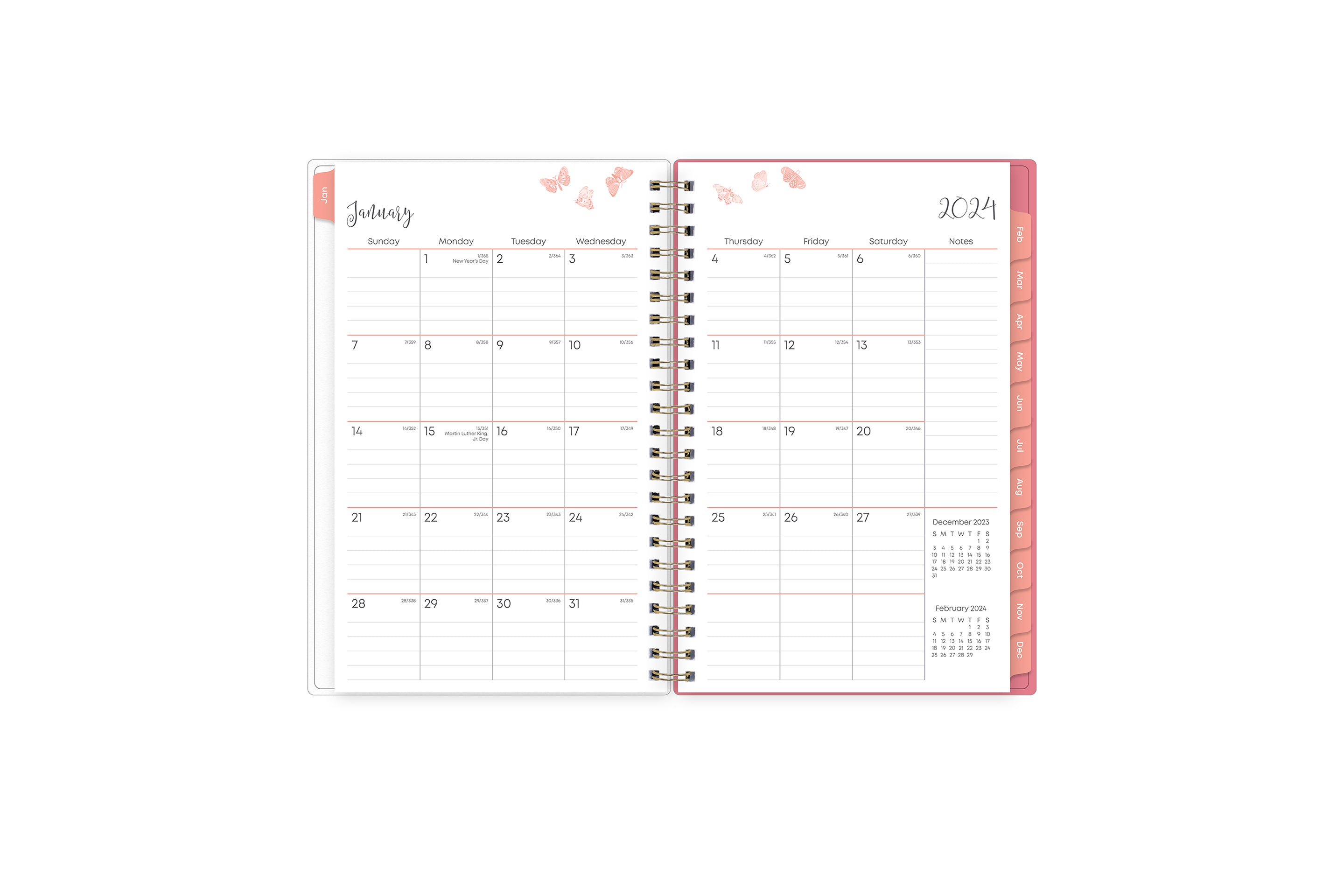 January 2024 - December 2024 weekly monthly planner featuring a monthly spread boxes for each day, lined writing space, notes section, reference calendars, and pink monthly tabs with white text in 5x8 size