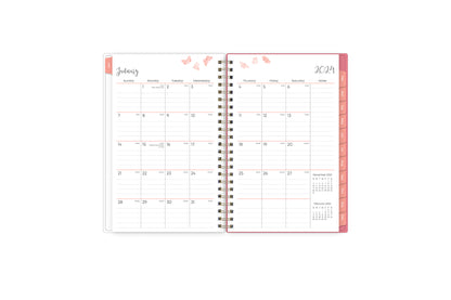January 2024 - December 2024 weekly monthly planner featuring a monthly spread boxes for each day, lined writing space, notes section, reference calendars, and pink monthly tabs with white text in 5x8 size