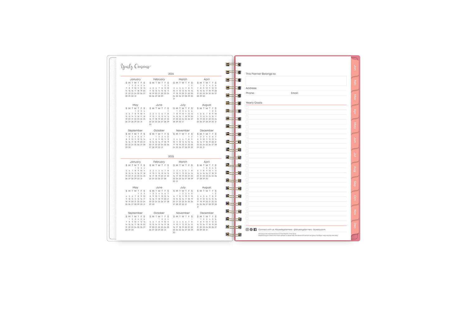 5x8 2024 weekly monthly planner features a yearly overview of 2024 and 2025 with contact page for owner of planner and bulleted yearly goals and accomplishments with pink monthly tabs and white text