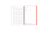 5x8 2024 weekly monthly planner features a yearly overview of 2024 and 2025 with contact page for owner of planner and bulleted yearly goals and accomplishments with pink monthly tabs and white text