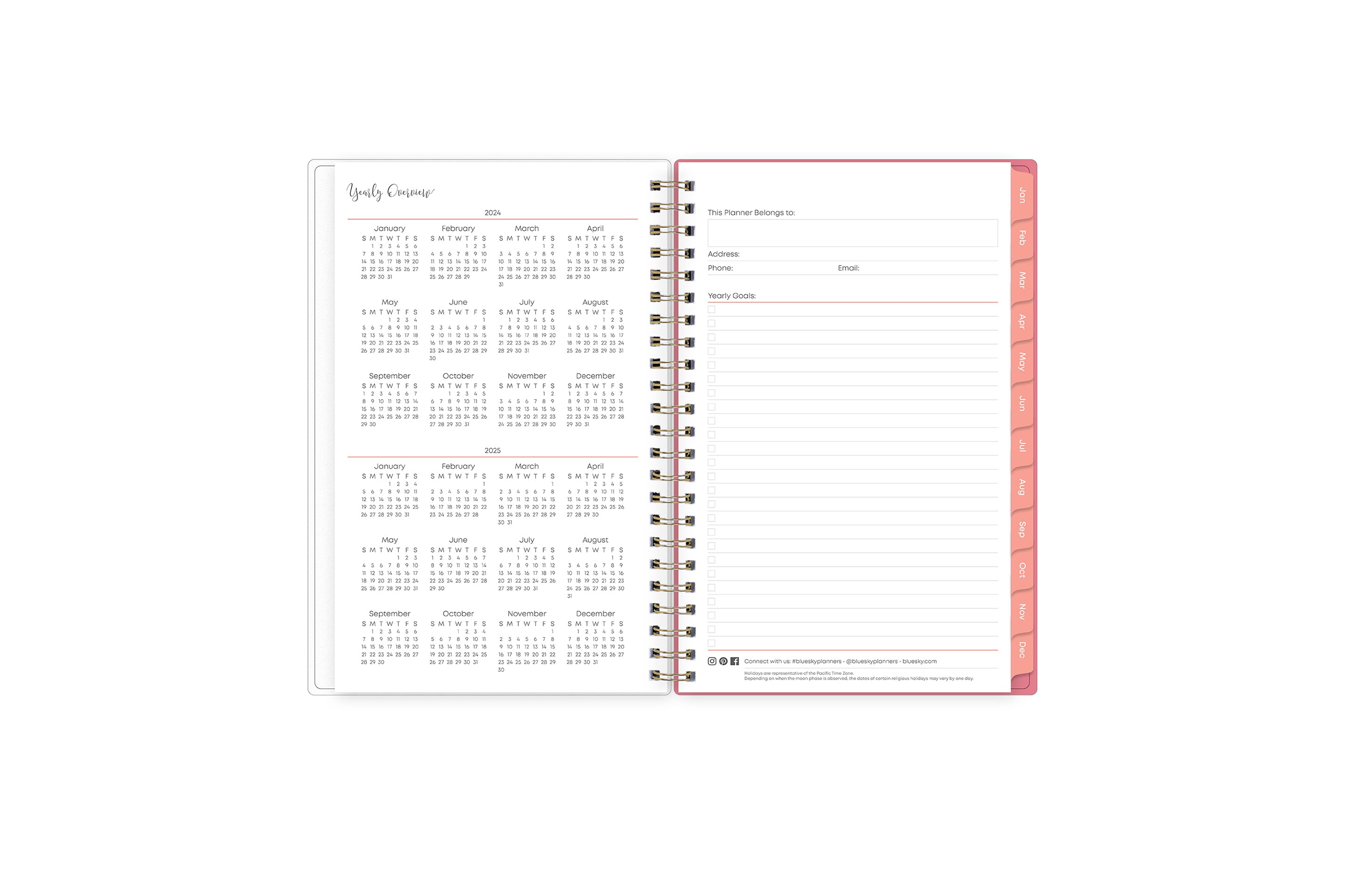 5x8 2024 weekly monthly planner features a yearly overview of 2024 and 2025 with contact page for owner of planner and bulleted yearly goals and accomplishments with pink monthly tabs and white text