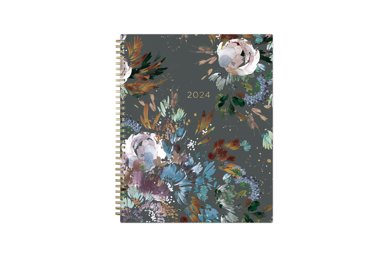 The kelly ventura 2024 weekly monthly planner for blue sky features beautiful watercolored floral cover with gold twin wire-o binding in a 8.5x11 planner size.