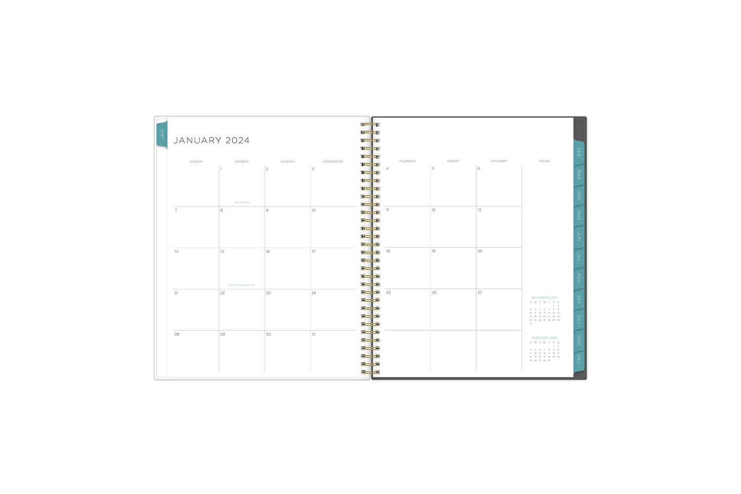 the kelly ventura 2024weekly monthly planner features a monthly overview featuring, clean blank writing space, notes section, reference calendars, and teal monthly tabs, perfect for planning year in year out.