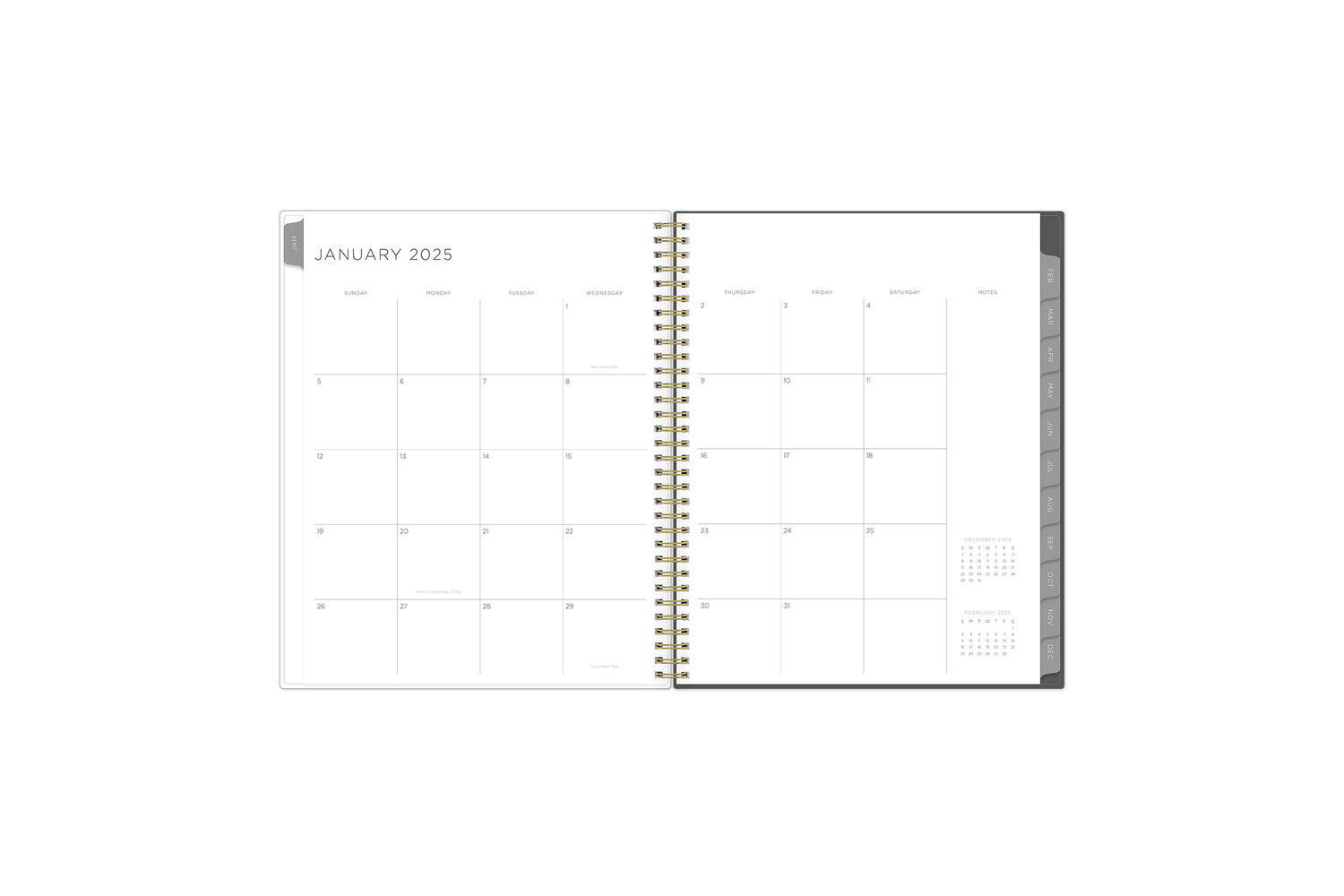 the kelly ventura 2025 weekly monthly planner features a monthly overview featuring, clean blank writing space, notes section, reference calendars, and teal monthly tabs, perfect for planning year in year out.