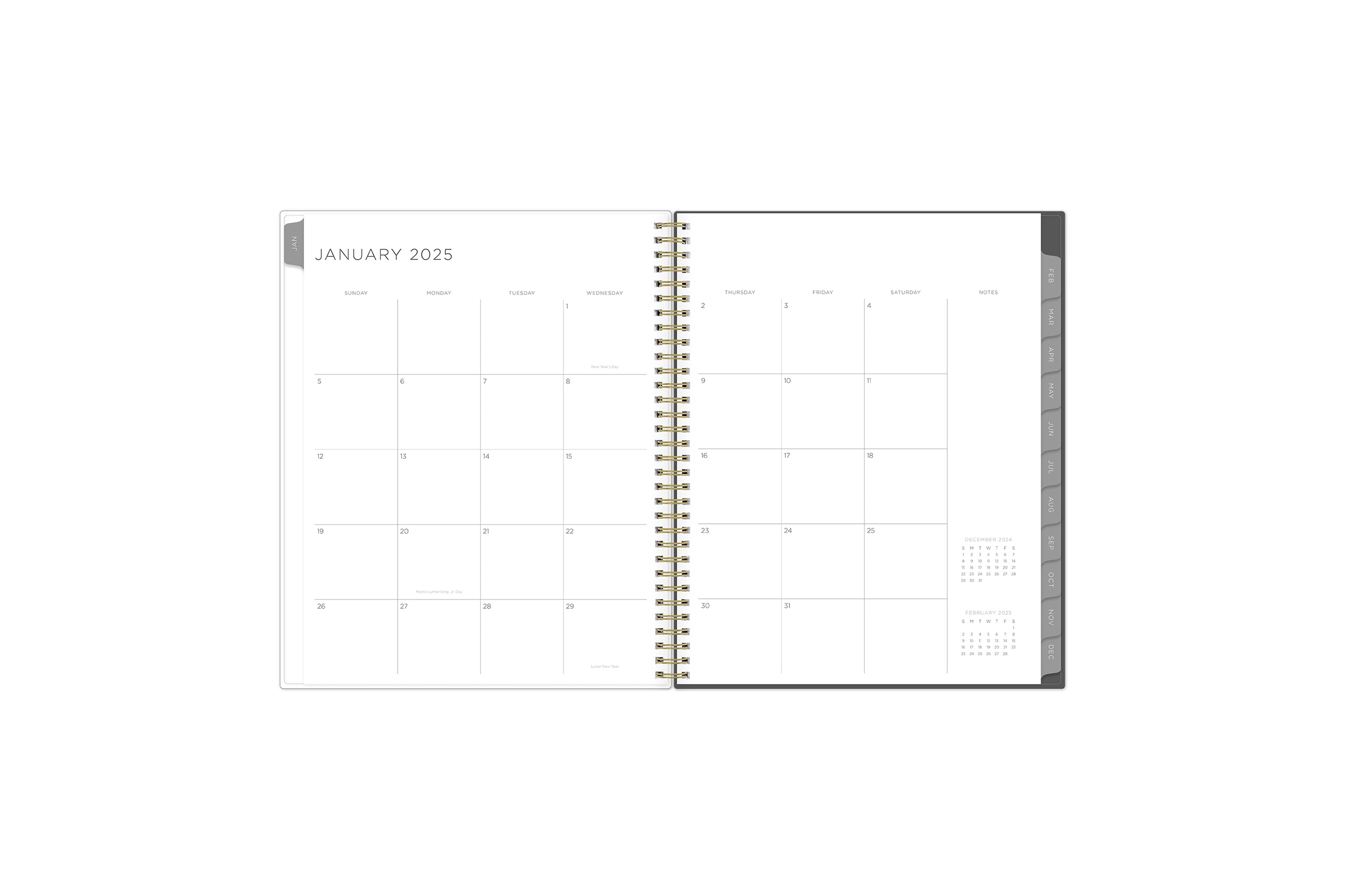 the kelly ventura 2025 weekly monthly planner features a monthly overview featuring, clean blank writing space, notes section, reference calendars, and teal monthly tabs, perfect for planning year in year out.