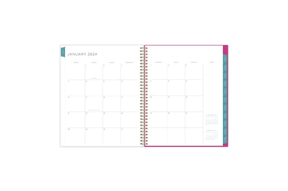 the kelly ventura 2024 weekly monthly planner features a monthly overview featuring, clean blank writing space, notes section, reference calendars, and teal monthly tabs, perfect for planning year in year out.