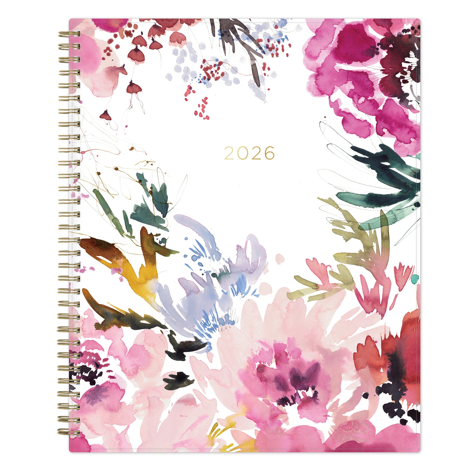 The kelly ventura 2026 weekly monthly planner for blue sky features beautiful watercolored floral cover with gold twin wire-o binding in a 8.5x11 planner size.