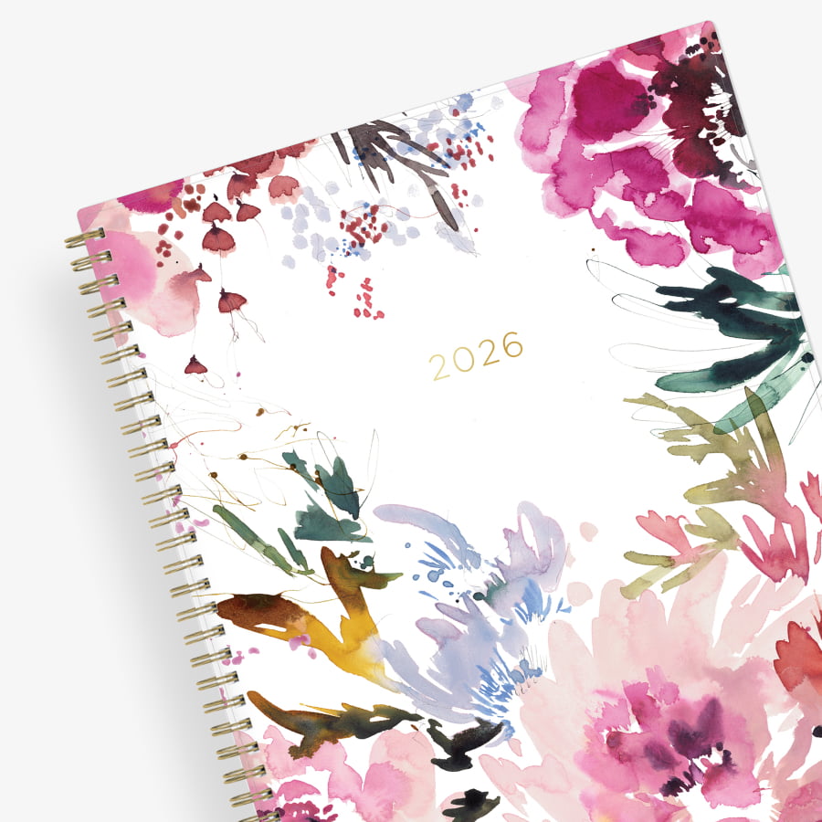 The kelly ventura 2026 weekly monthly planner for blue sky features beautiful watercolored floral cover with gold twin wire-o binding in a 8.5x11 planner size.