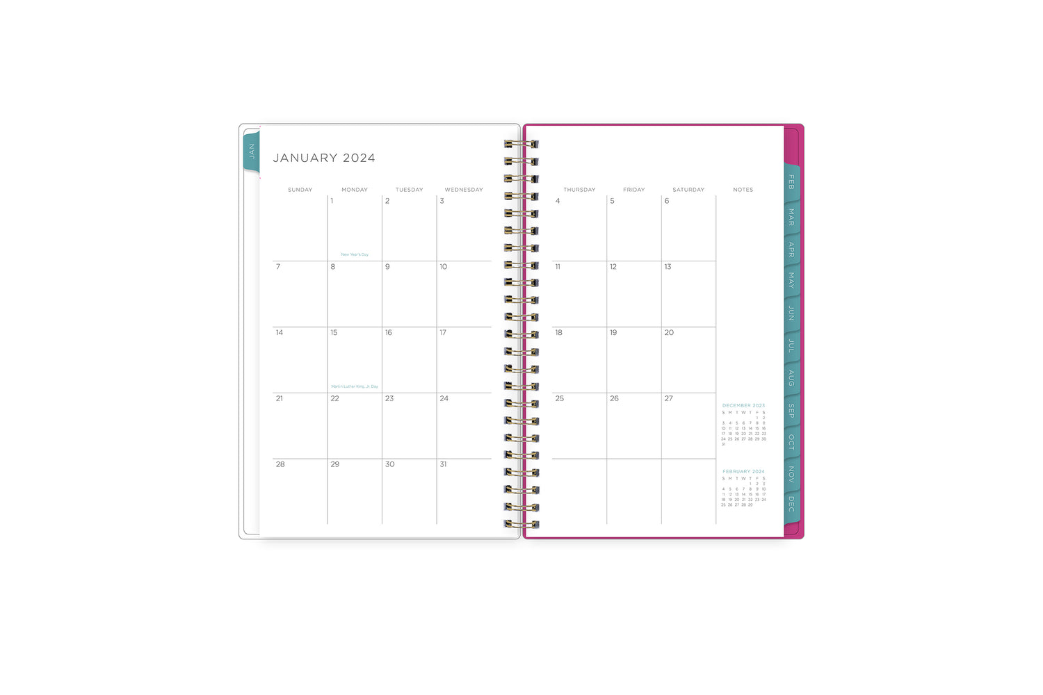 the kelly ventura 2024 weekly monthly planner features a monthly overview featuring, clean blank writing space, notes section, reference calendars, and teal monthly tabs, perfect for planning year in year out.