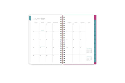 the kelly ventura 2024 weekly monthly planner features a monthly overview featuring, clean blank writing space, notes section, reference calendars, and teal monthly tabs, perfect for planning year in year out.