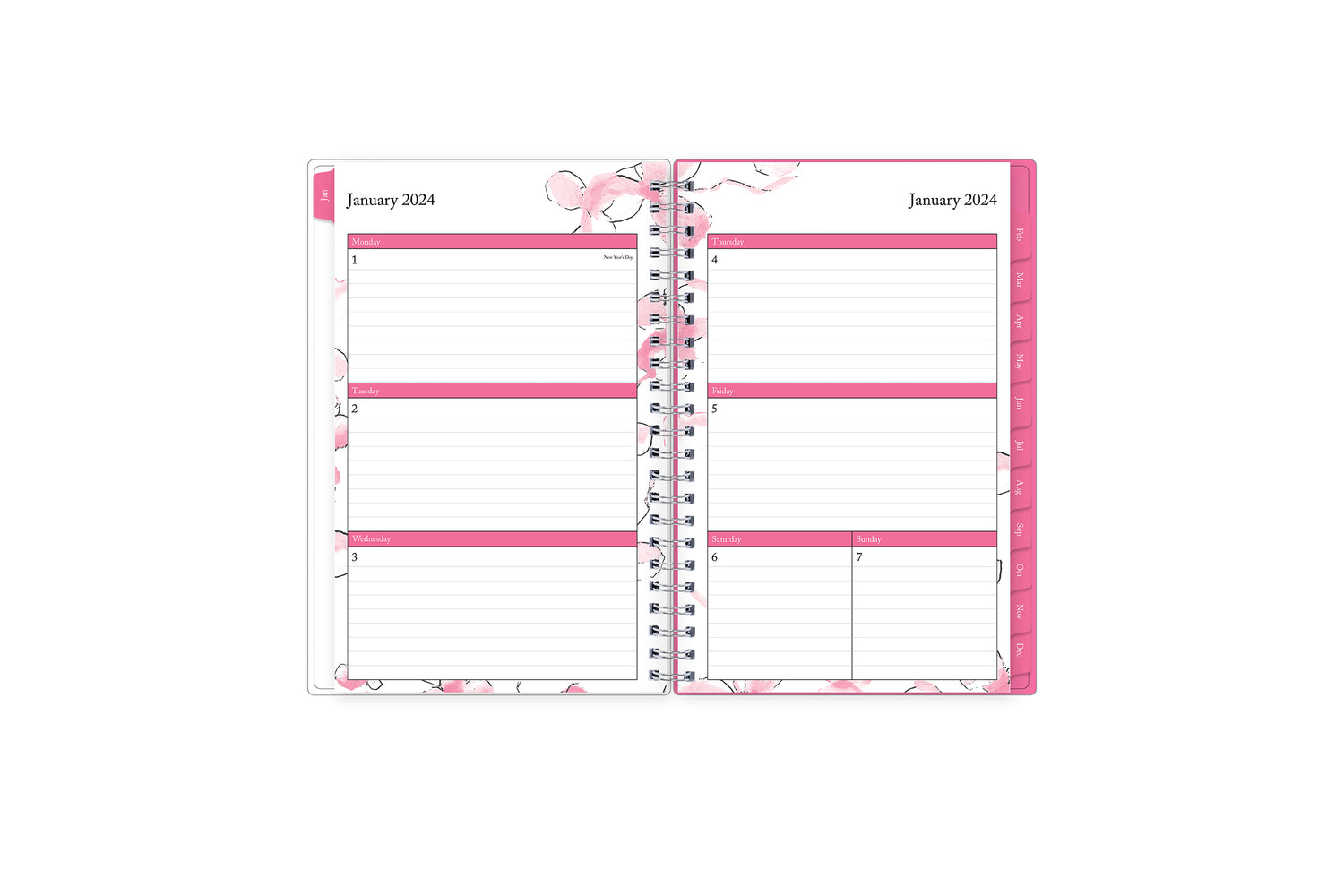 January 2024 to December 2024 weekly monthly planner featuring ample lined writing space, weekly to do list, notes section, and with teal monthly tabs 5x8
