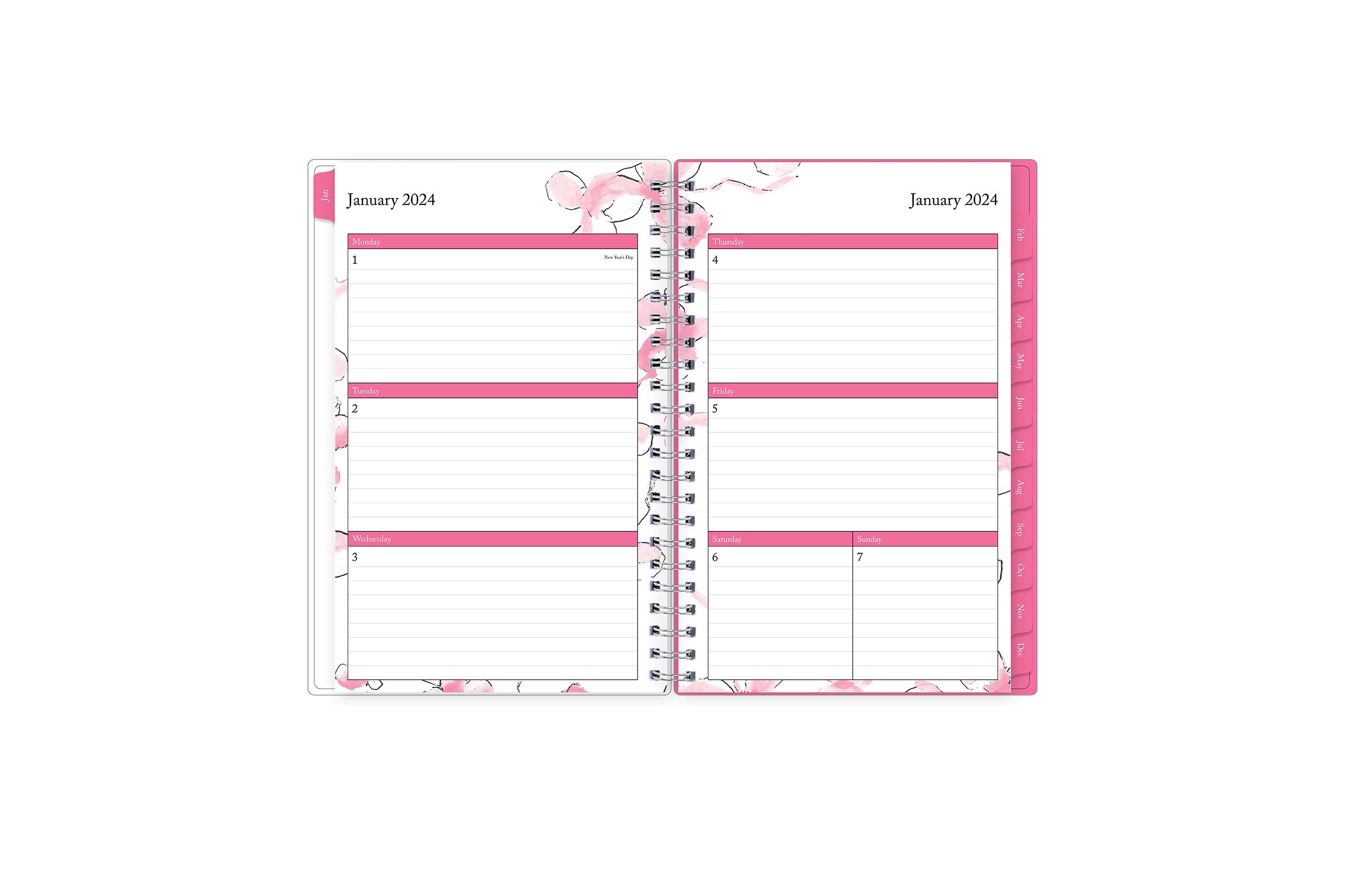 January 2024 to December 2024 weekly monthly planner featuring ample lined writing space, weekly to do list, notes section, and with teal monthly tabs 5x8
