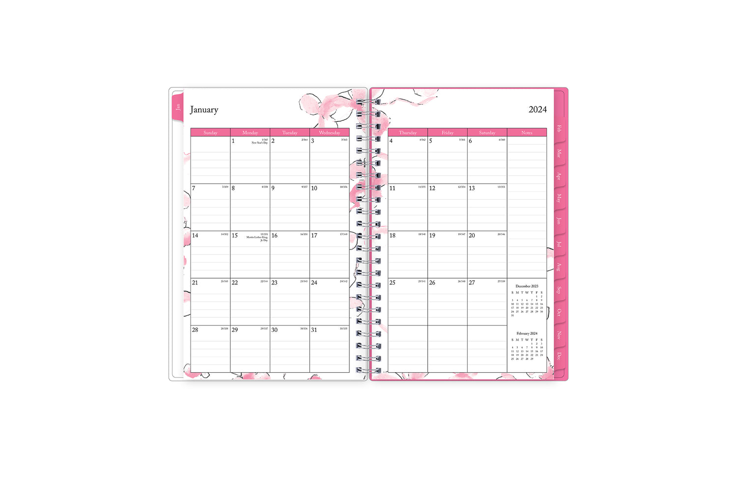 Featuring a January 2024 to December 2024 monthly view, there is lined writing space for each date, a notes section, reference calendars, and teal monthly tabs 5x8