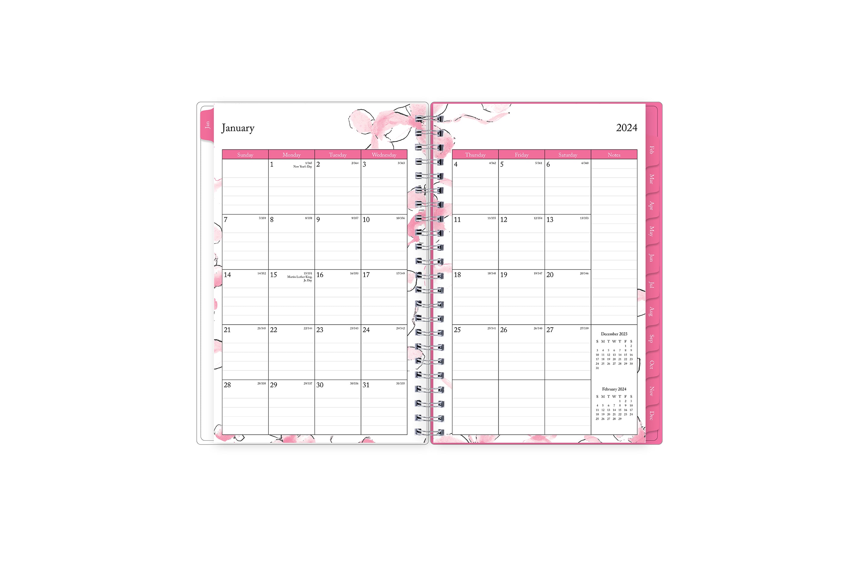 Featuring a January 2024 to December 2024 monthly view, there is lined writing space for each date, a notes section, reference calendars, and teal monthly tabs 5x8
