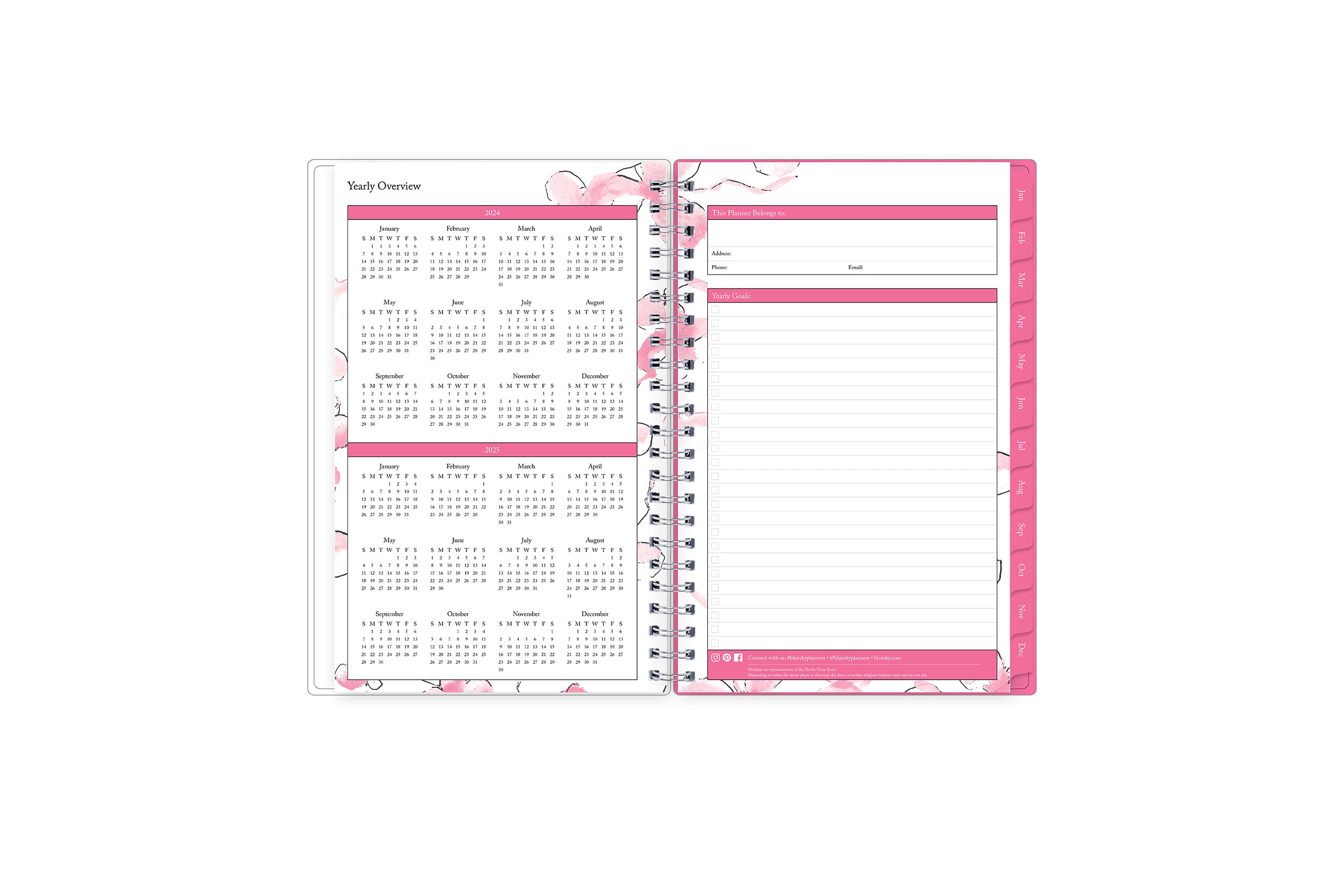 2023 planner featuring a yearly overview of 2024 and 2025 with yearly goals, notes section, and contact information in a 5x8 size 2024 weekly monthly planner