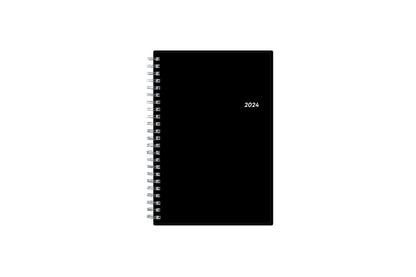 Bilingual January 2024 - December 2024 weekly monthly planner featuring a black front cover design and silver twin wire-o binding. calendario de planificacion