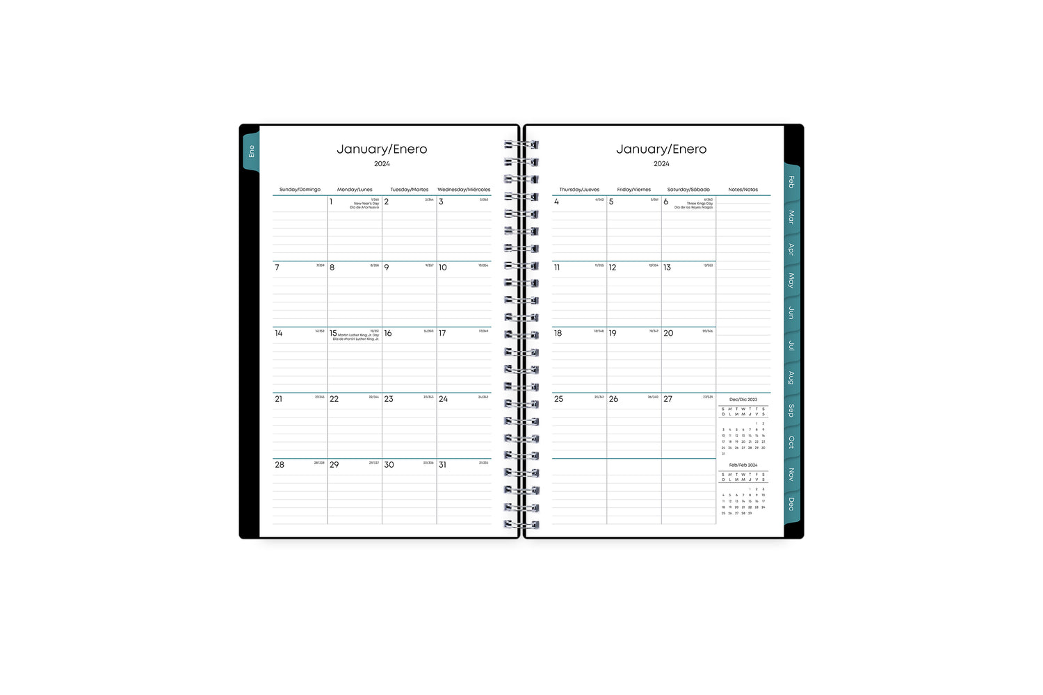 Bilingual January 2024 - December 2024 weekly monthly planner featuring a monthly spread boxes for each day, lined writing space, notes section, reference calendars, and dark blue monthly tabs with white text in 5x8 size calendario de planificacion