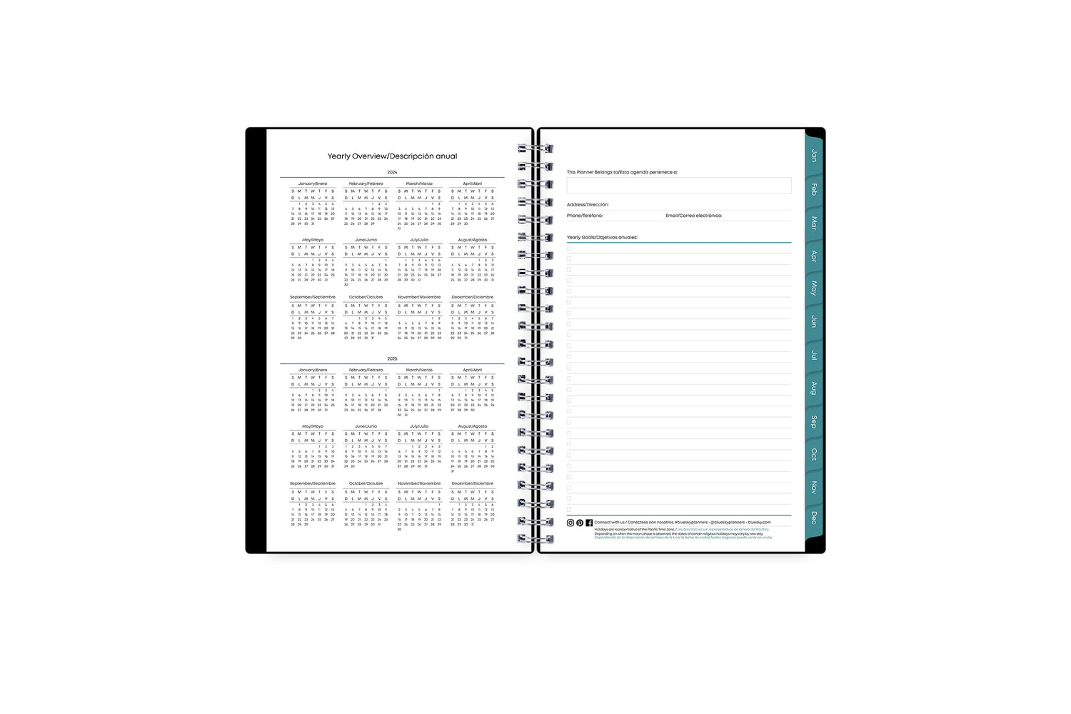 Bilingual 5x8 2024 weekly monthly planner features a yearly overview of 2023 and 2023 with contact page for owner of planner and bulleted yearly goals and accomplishments with navy monthly tabs and white text