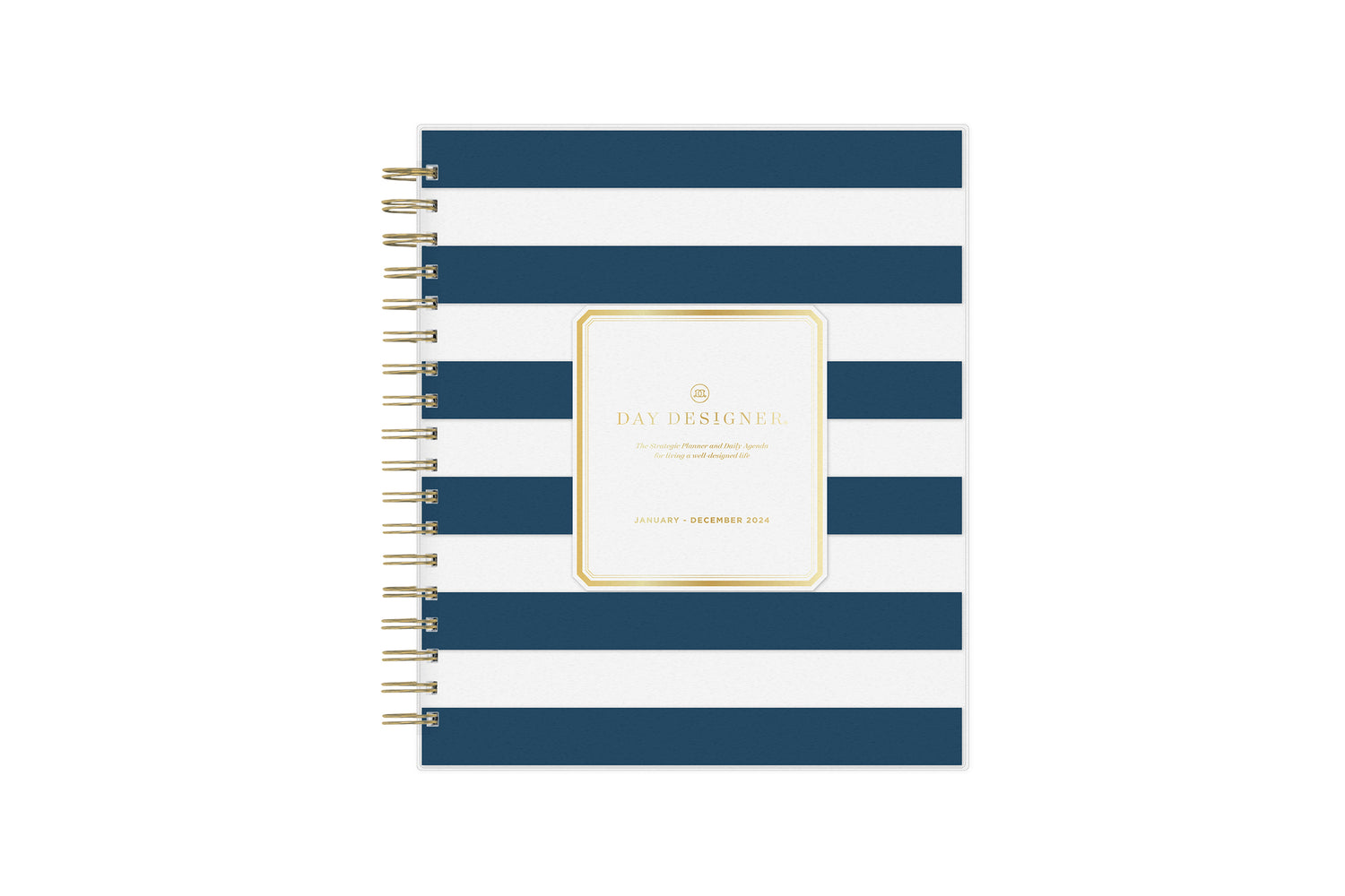 2024  daily monthly from day designer for blue sky featuring a hardcover, navy blue and white stripe design, gold twin wire-o binding in a compact 8x10 planner size.