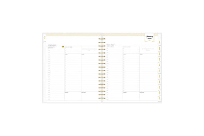 January 2024 - December 2024 daily monthly planner featuring a monthly spread with lined writing space, notes and to-do list, white monthly tabs with gold printed text, and monthly reference calendars all in a 8x10 planner size