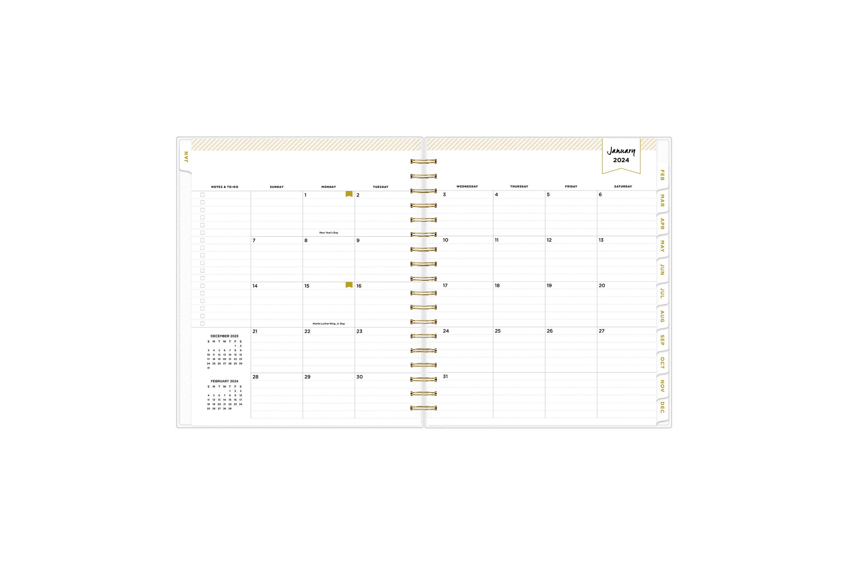 January 2024 - December 2024 daily monthly planner featuring a daily spread with lined writing space, notes and to-do list, one hour increments, and ample planning sections in a 8x10 size