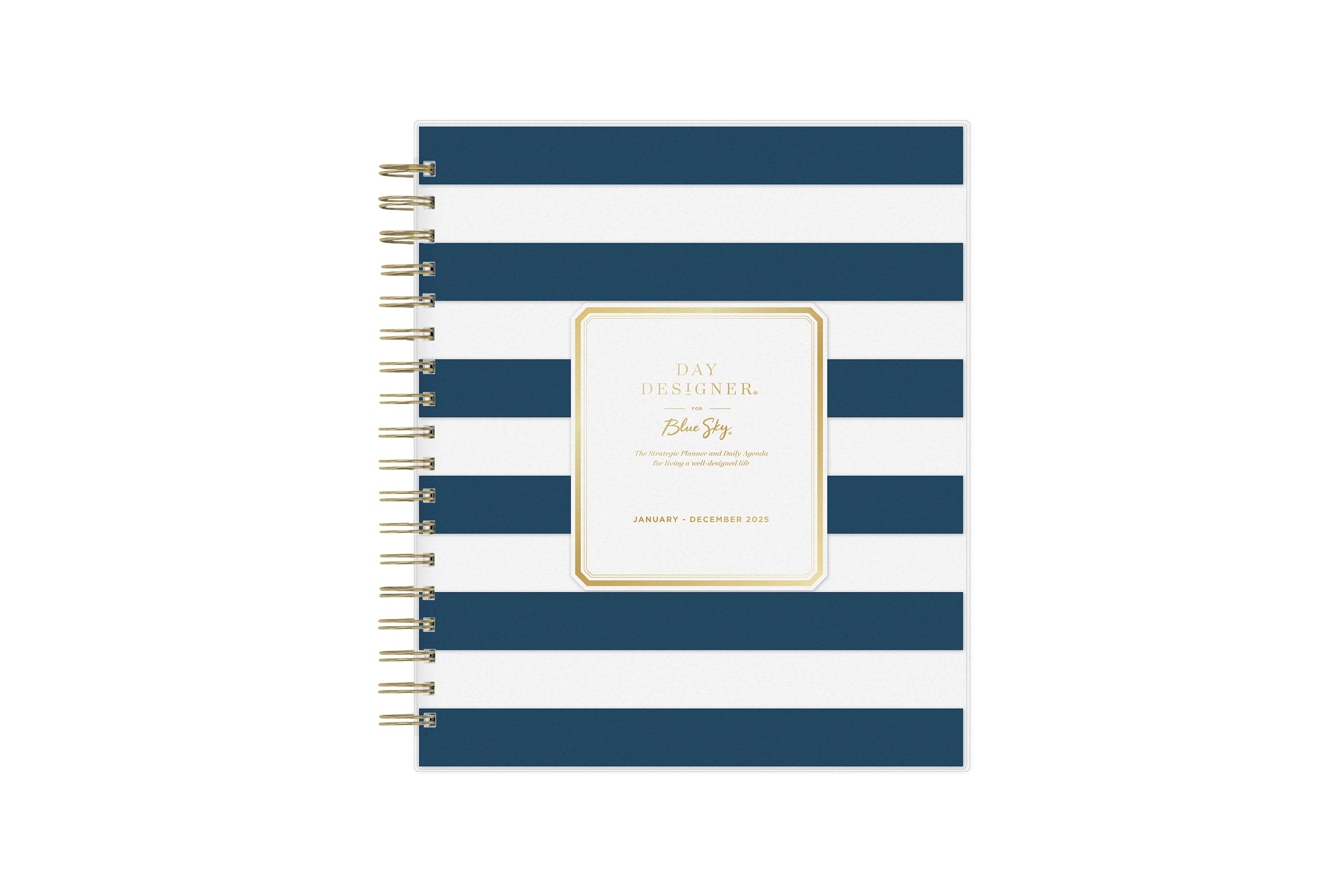 2025 daily monthly from day designer for blue sky featuring a hardcover, navy blue and white stripe design, gold twin wire-o binding in a compact 8x10 planner size.